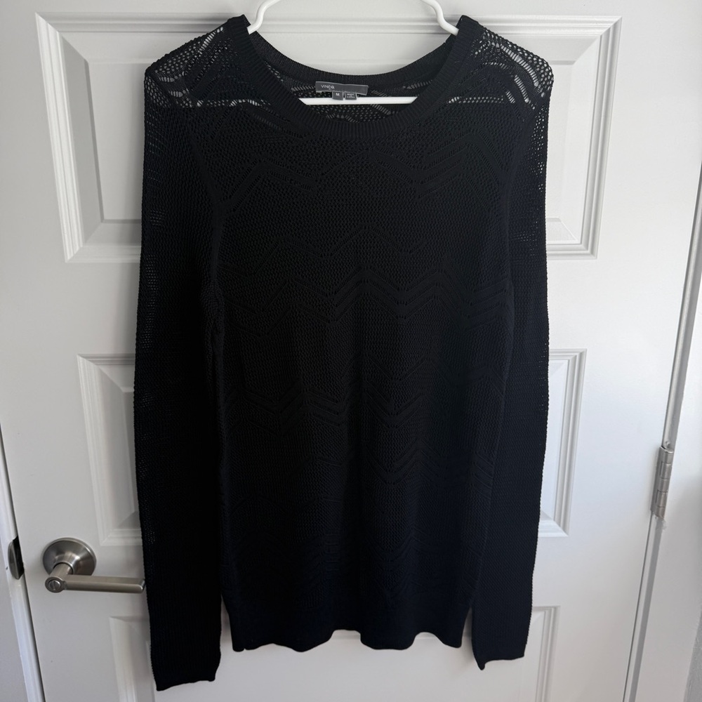 Vince Black Zigzag Mesh Knit Sweater – Sheer Lightweight Pullover – Size M
